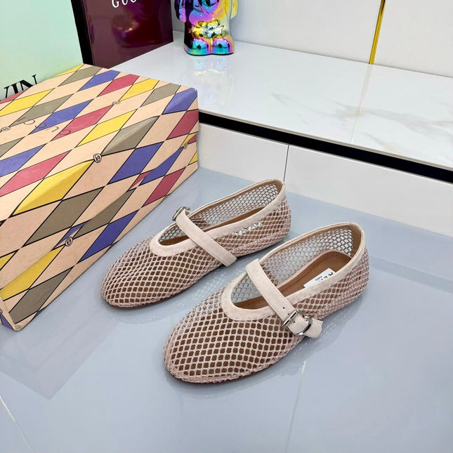 ALAIA MARY JANE FLAT 25S IN BLUSH BEIGE MESH SUEDE