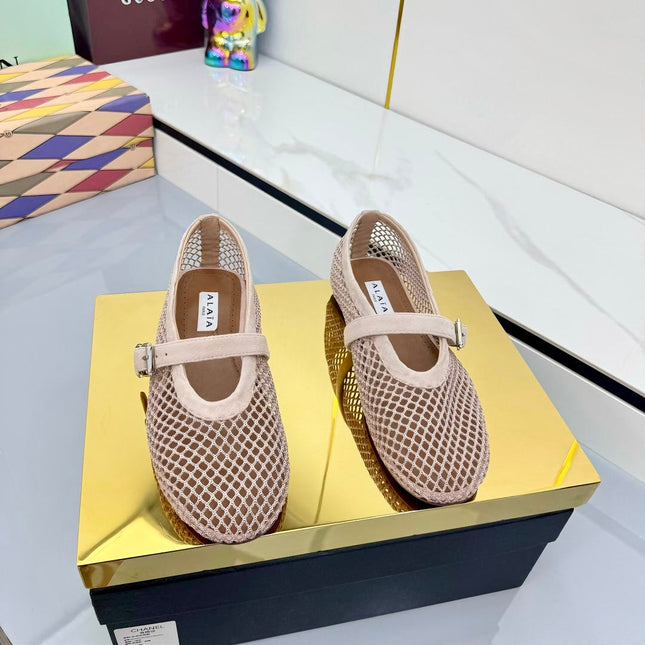 ALAIA MARY JANE FLAT 25S IN BLUSH BEIGE MESH SUEDE