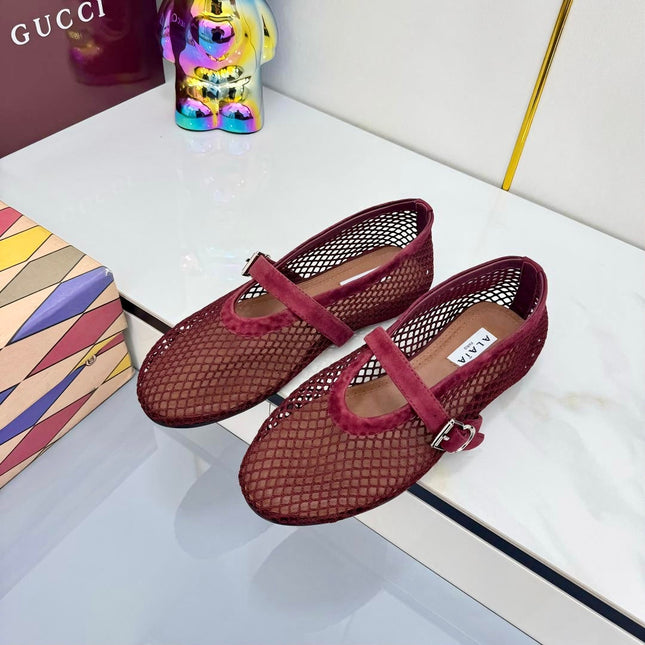 ALAIA MARY JANE FLAT 25S IN DARK RED MESH SUEDE