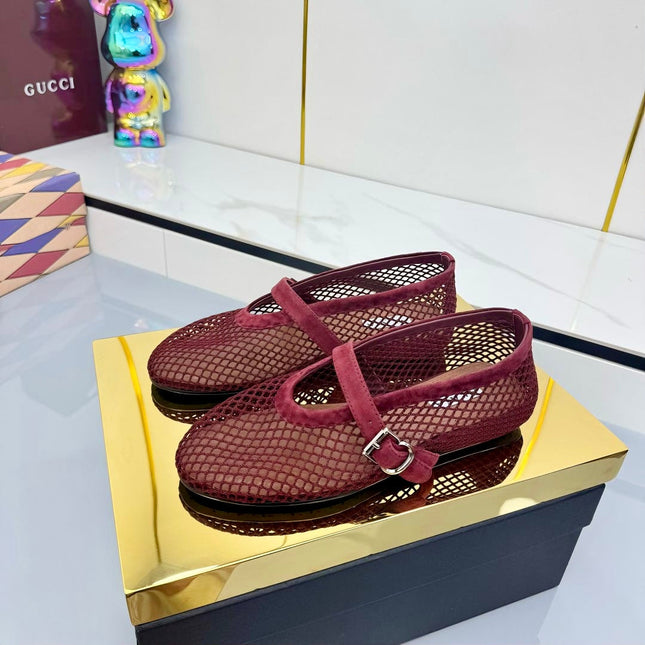 ALAIA MARY JANE FLAT 25S IN DARK RED MESH SUEDE