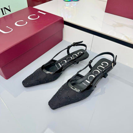 GG HIGH SLINGBACK 25S IN BLACK SEQUINED MESH FABRIC