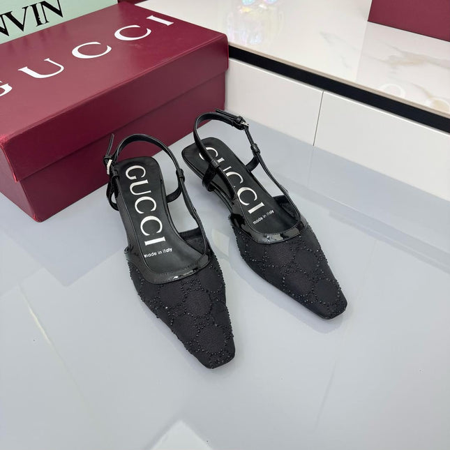 GG HIGH SLINGBACK 25S IN BLACK SEQUINED MESH FABRIC