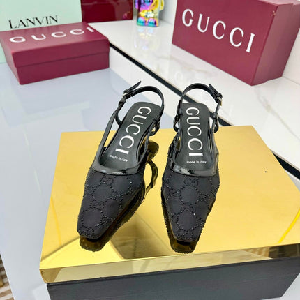 GG HIGH SLINGBACK 25S IN BLACK SEQUINED MESH FABRIC