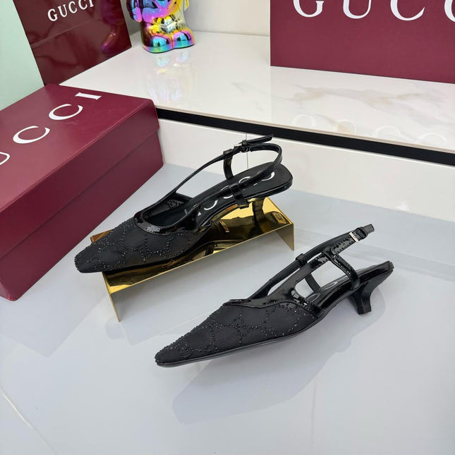 GG HIGH SLINGBACK 25S IN BLACK SEQUINED MESH FABRIC