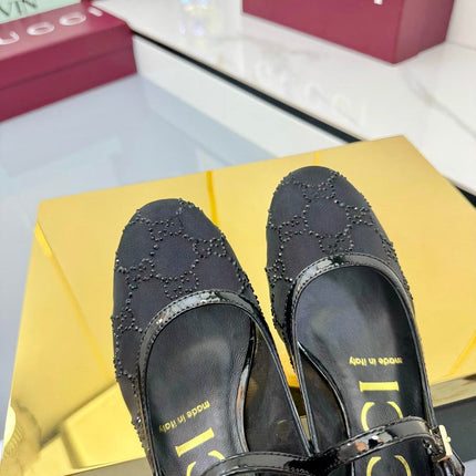 GG MARY JANE HEEL 25S 25 MM IN BLACK SEQUINED MESH FABRIC