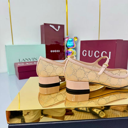 GG MARY JANE HEEL 25S 25 MM IN CAMEL BEIGE SEQUINED MESH FABRIC