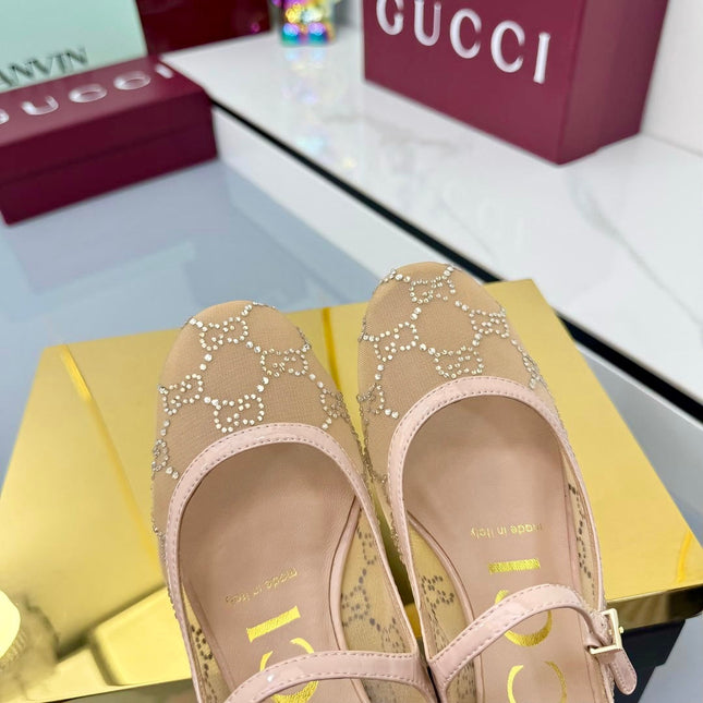 GG MARY JANE HEEL 25S 25 MM IN CAMEL BEIGE SEQUINED MESH FABRIC