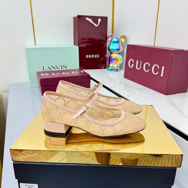 GG MARY JANE HEEL 25S 25 MM IN CAMEL BEIGE SEQUINED MESH FABRIC