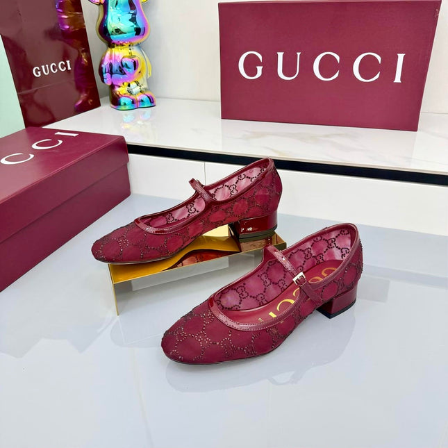 GG MARY JANE HEEL 25S 25 MM IN RED SEQUINED MESH FABRIC