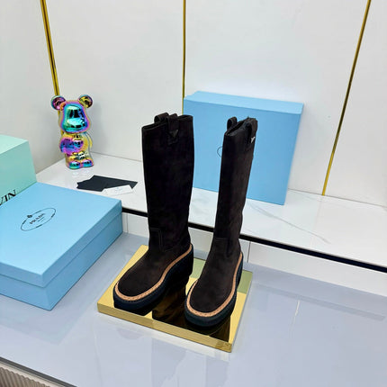 PRADA 25S HIGH BOOTS MARTIN 50MM IN DARK BROWN SUEDE WITH LOGO