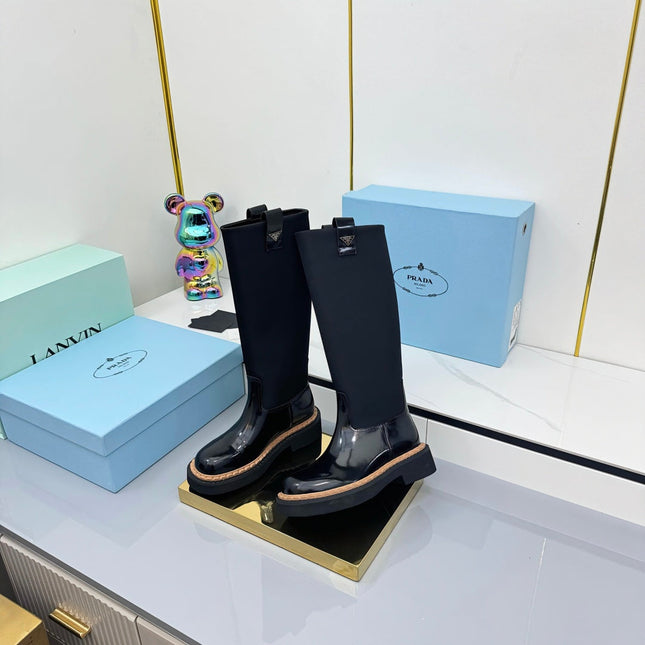 PRADA 25S HIGH BOOTS MARTIN 50MM IN BLACK GLOSSY CALFSKIN WITH LOGO