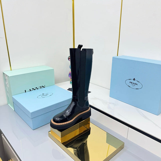 PRADA 25S TALL CHELSEA BOOTS 50MM IN BLACK GLOSSY CALFSKIN