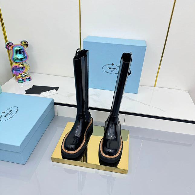 PRADA 25S TALL CHELSEA BOOTS 50MM IN BLACK GLOSSY CALFSKIN