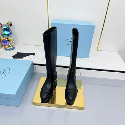 PRADA 25S CHUNKY SOLE TALL BOOTS MARTIN 50MM IN BLACK CALFSKIN