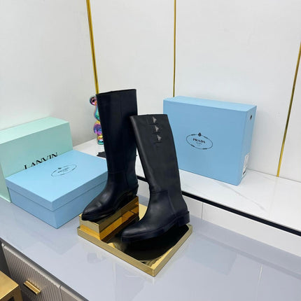 PRADA 25S CHUNKY SOLE TALL BOOTS MARTIN 50MM IN BLACK CALFSKIN