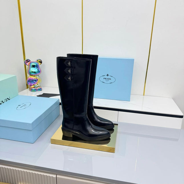 PRADA 25S CHUNKY SOLE TALL BOOTS MARTIN 50MM IN BLACK GLOSSY CALFSKIN