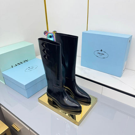 PRADA 25S CHUNKY SOLE TALL BOOTS MARTIN 50MM IN BLACK GLOSSY CALFSKIN