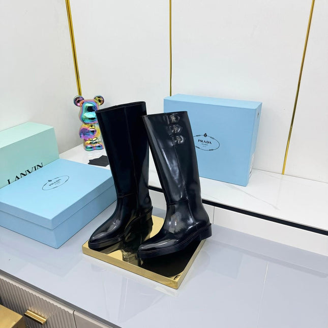 PRADA 25S CHUNKY SOLE TALL BOOTS MARTIN 50MM IN BLACK GLOSSY CALFSKIN