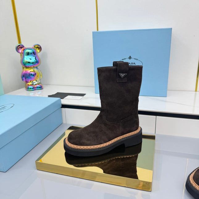 PRADA 25S HIGH MARTIN BOOTS 50MM IN DARK BROWN SUEDE