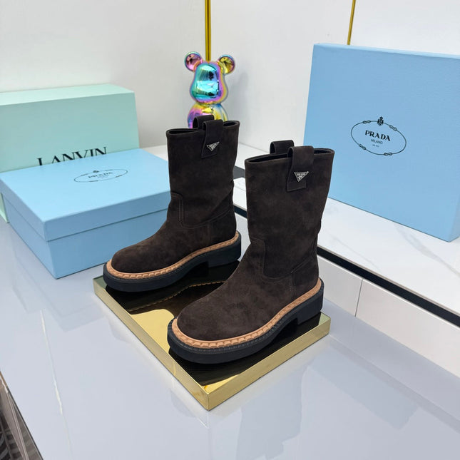 PRADA 25S HIGH MARTIN BOOTS 50MM IN DARK BROWN SUEDE