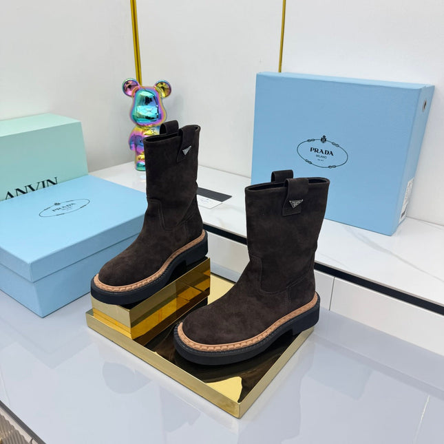 PRADA 25S HIGH MARTIN BOOTS 50MM IN DARK BROWN SUEDE