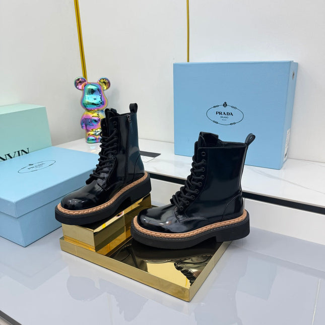 PRADA 25S LONG THICK SOLED MARTIN BOOTS 50MM IN BLACK GLOSSY CALFSKIN