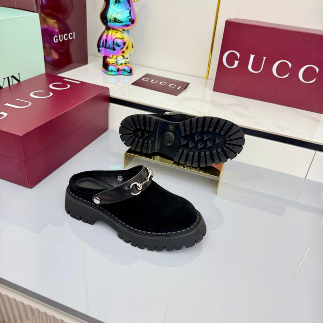 GG PLATFORM MULES 25S IN BLACK SUEDE