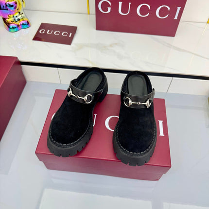 GG PLATFORM MULES 25S IN BLACK SUEDE