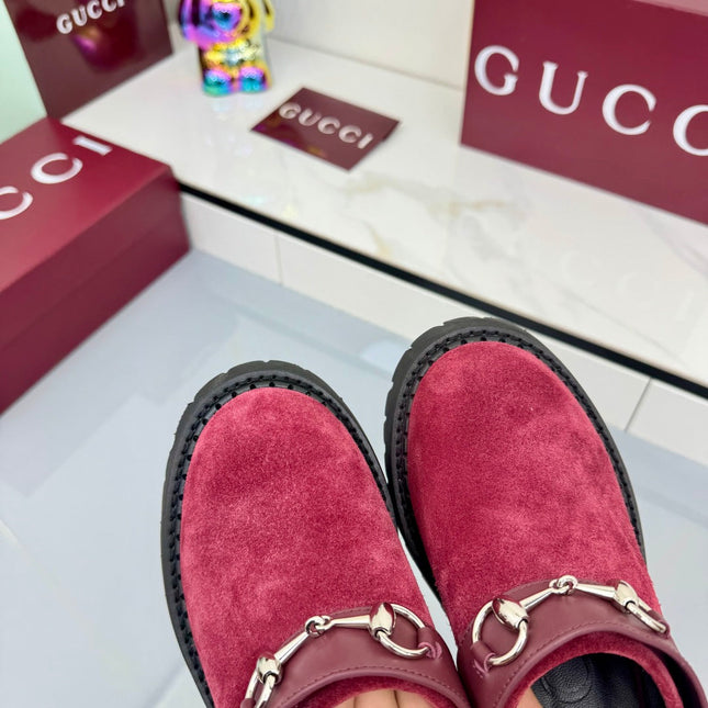 GG PLATFORM MULES 25S IN RED SUEDE