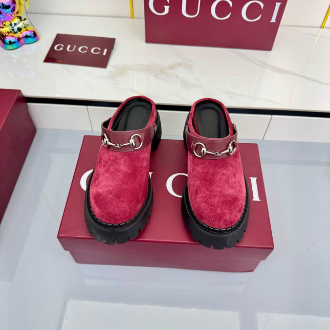 GG PLATFORM MULES 25S IN RED SUEDE