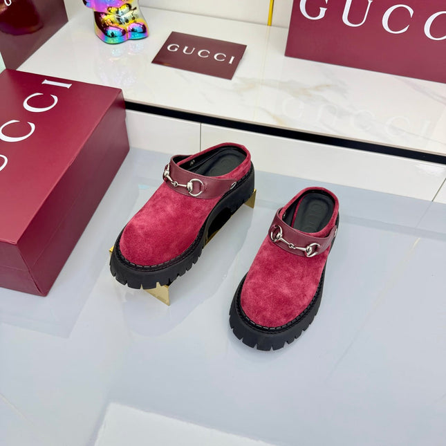 GG PLATFORM MULES 25S IN RED SUEDE