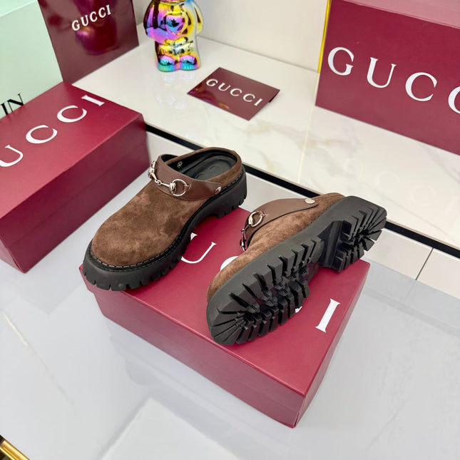 GG PLATFORM MULES 25S IN BROWN SUEDE