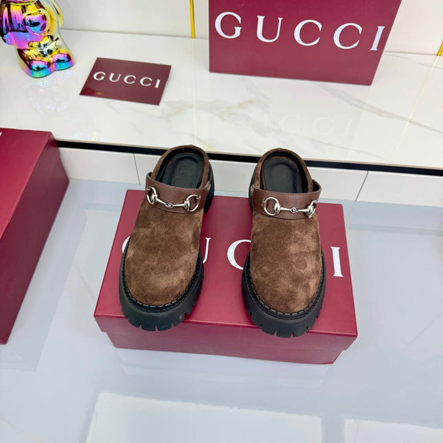 GG PLATFORM MULES 25S IN BROWN SUEDE