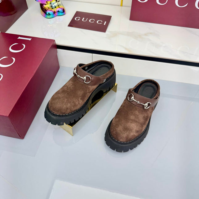 GG PLATFORM MULES 25S IN BROWN SUEDE