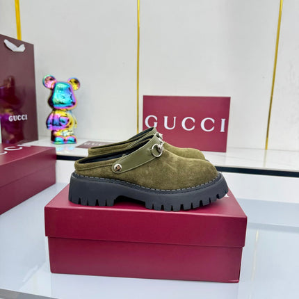 GG PLATFORM MULES 25S IN MOSS GREEN SUEDE