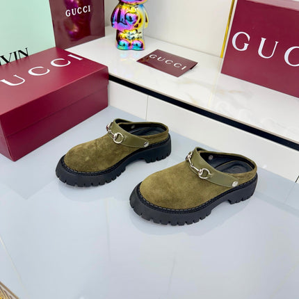 GG PLATFORM MULES 25S IN MOSS GREEN SUEDE