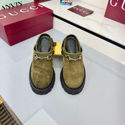 GG PLATFORM MULES 25S IN MOSS GREEN SUEDE