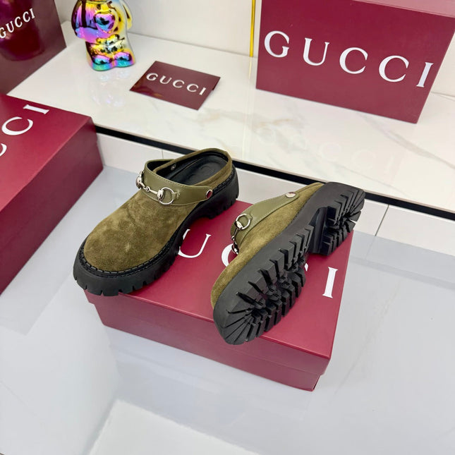 GG PLATFORM MULES 25S IN MOSS GREEN SUEDE