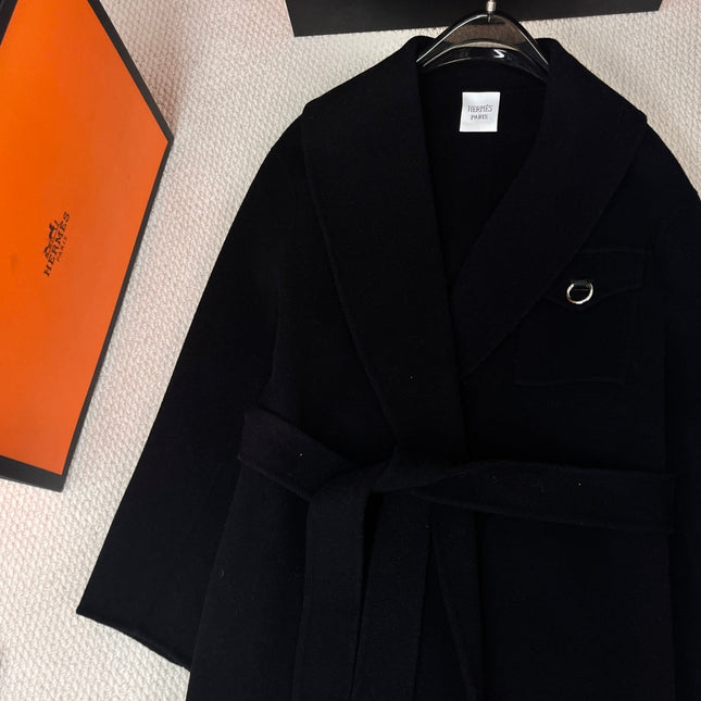 HERMES 25S LAPEL-COLLAR CASHMERE COAT 210