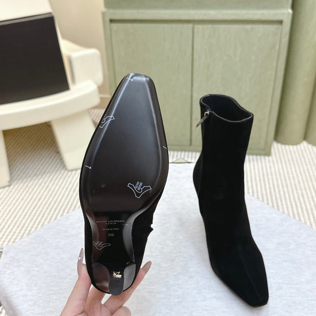 YSL 25S HEELED ANKLE BOOTS 75 MM IN BLACK SUEDE