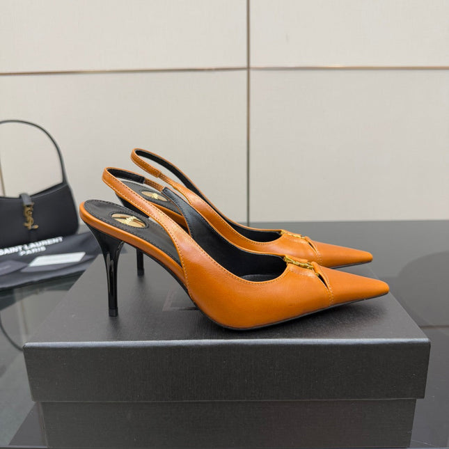 YSL 25S SLINGBACK HIGH HEELS 90 MM IN DARK ORANGE LAMBSKIN WITH GOLD HARDWARE STYLE 13