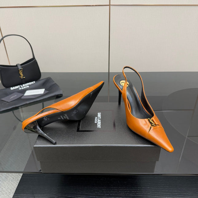 YSL 25S SLINGBACK HIGH HEELS 90 MM IN DARK ORANGE LAMBSKIN WITH GOLD HARDWARE STYLE 13