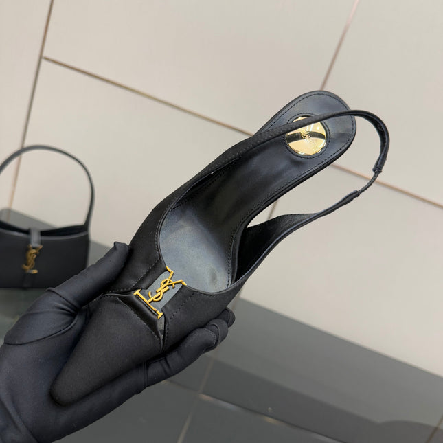 YSL 25S SLINGBACK HIGH HEELS 90 MM IN BLACK SATIN WITH GOLD HARDWARE STYLE 18
