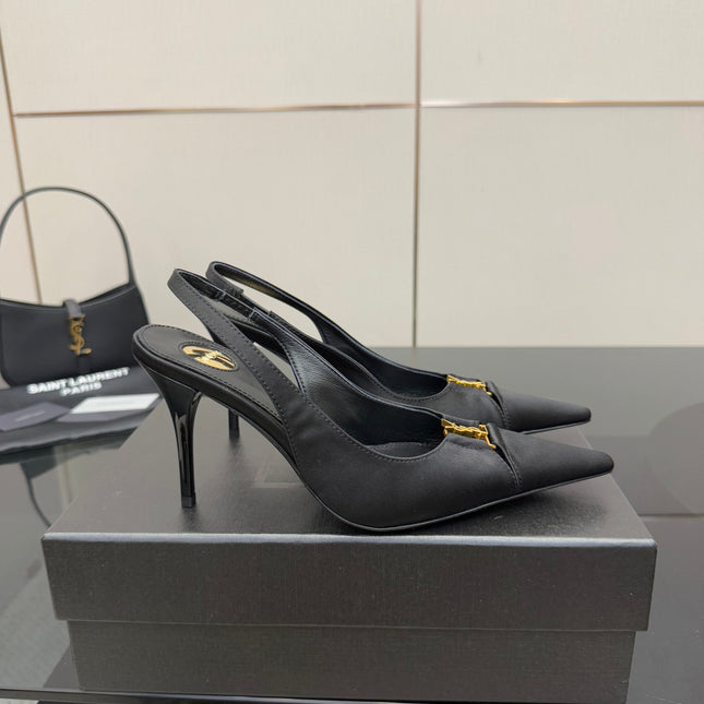 YSL 25S SLINGBACK HIGH HEELS 90 MM IN BLACK SATIN WITH GOLD HARDWARE STYLE 18
