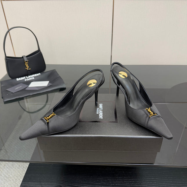 YSL 25S SLINGBACK HIGH HEELS 90 MM IN BLACK SATIN WITH GOLD HARDWARE STYLE 18