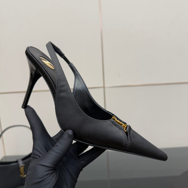 YSL 25S SLINGBACK HIGH HEELS 90 MM IN BLACK SATIN WITH GOLD HARDWARE STYLE 18