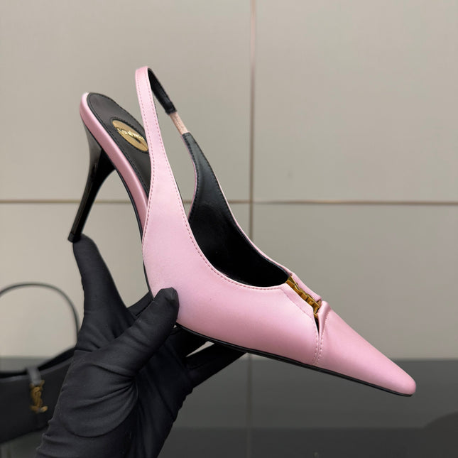 YSL 25S SLINGBACK HIGH HEELS 90 MM IN PINK SATIN WITH GOLD HARDWARE STYLE 17