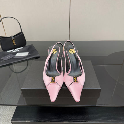 YSL 25S SLINGBACK HIGH HEELS 90 MM IN PINK SATIN WITH GOLD HARDWARE STYLE 17