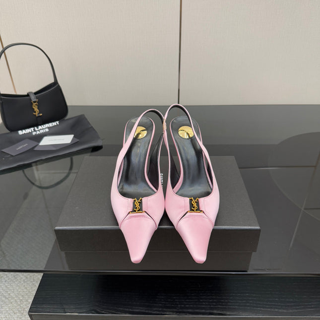YSL 25S SLINGBACK HIGH HEELS 90 MM IN PINK SATIN WITH GOLD HARDWARE STYLE 17