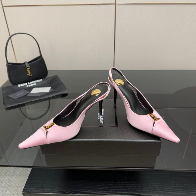 YSL 25S SLINGBACK HIGH HEELS 90 MM IN PINK SATIN WITH GOLD HARDWARE STYLE 17